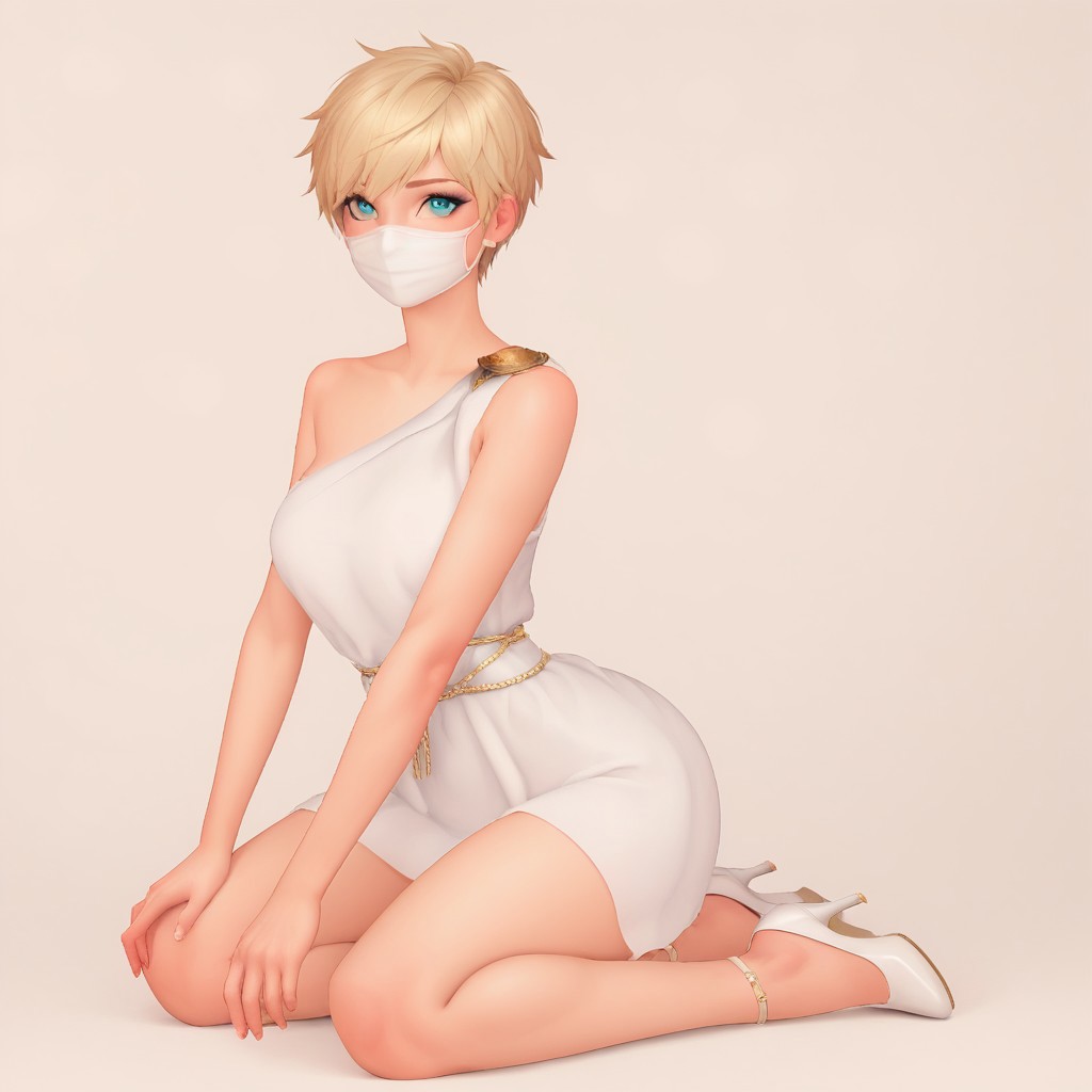 score_9, score_8_up, score_7_up, zPDXL3, NEGATIVE_HANDS, beautiful aesthetic, very intricate details, high quality details, realistic, highres, HD, 1 girl, solo, BREAK, white mask, blonde hair, short hair, cyan eyes, toga, greek clothes, white high heels, thin body, happy smiling, sexy, BREAK, prison