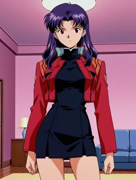 masterpiece, best quality, newest, absurdres, highres, detailed eyes, beautiful, detailed background, perfect eyes, anime coloring, anime screencap, 1990s \(style\), 1girl, solo, katsuragi misato, purple hair, long hair, brown eyes, medium breasts, black dress, turtleneck, cropped jacket, long sleeves, open jacket, boots, looking at viewer, (indoors, living room), <lora:misato_ceva_illus-06:0.8>