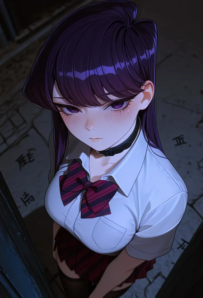 masterpiece, absurdres,best quality, incredibly absurdres, dark_theme, from above, dynamic angle, 1girl, solo, komi san, thighhighs, tight, purple eyes, purple hair, long hair, school uniform, bangs, looking at viewer, collar, closed mouth, blush, outdoors, tally, medium breasts, depth of field, dim lighting