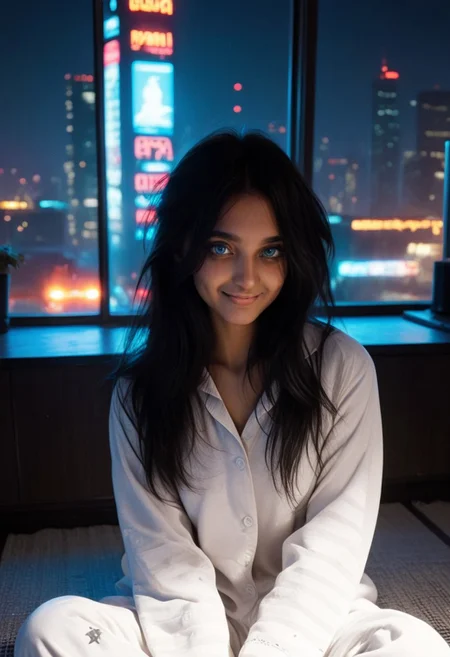 Score_9, Score_8_up, Score_7_up, 1girl, Indian Girl, rsgrl, russian girl, , 25 years old, young woman, long pitch-black hair, flowing silky straight hair, smooth skin, bright blue eyes solo, simple pajama, top floor penthouse window, sitting by the window, moody lighting, dynamic lighting, cyberpunk city background, blur background, looking_at_viewer, smile, btiflgrlsnrv4
