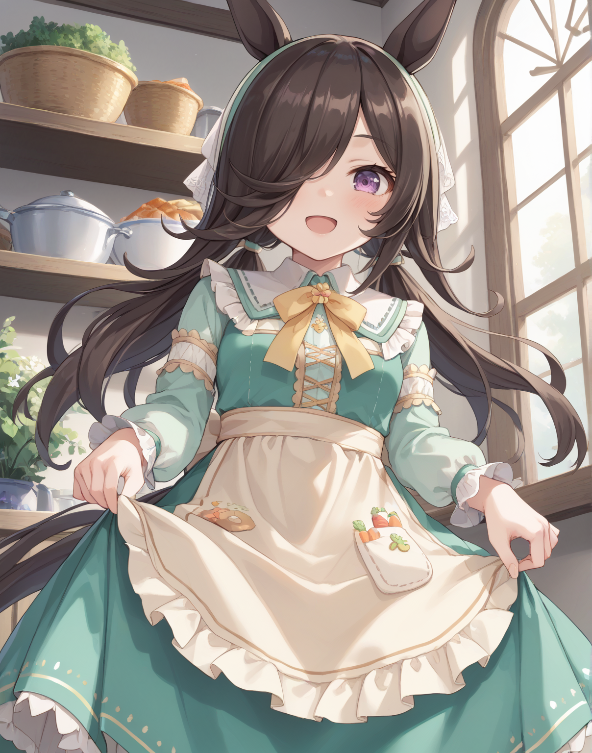 score_9, score_8_up, score_7_up, official art, masterpiece, high quality, megami magazine, official style, game cg, 1girl, (looking at viewer:1.4), (open mouth:1.0), , expressionless, blush, Standing with one foot slightly lifted, from below, ,
rcs ydf, rice shower (umamusume), rice shower (yummy dreamy fairy) (umamusume), alternate costume, alternate hairstyle, animal ears, apron, blush, brown hair, dress, green dress, hair ornament, hair over one eye, horse ears, horse girl, horse tail, long hair, long sleeves, low twintails, official alternate costume, official alternate hairstyle, print dress, tail, twintails, violet eyes, <lora:umamusume_rice_shower2_pony_v1:1>,
(hair over one eye:1.2), ,