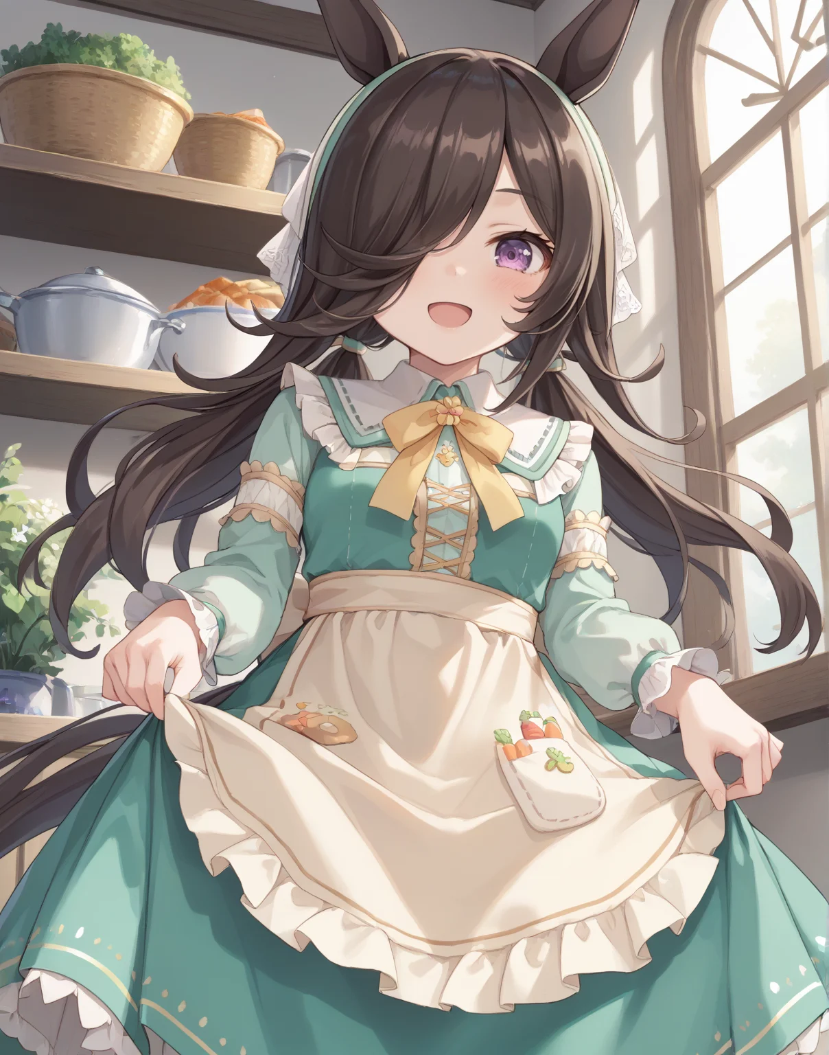 score_9, score_8_up, score_7_up, official art, masterpiece, high quality, megami magazine, official style, game cg, 1girl, (looking at viewer:1.4), (open mouth:1.0), , expressionless, blush, Standing with one foot slightly lifted, from below, ,
rcs ydf, rice shower (umamusume), rice shower (yummy dreamy fairy) (umamusume), alternate costume, alternate hairstyle, animal ears, apron, blush, brown hair, dress, green dress, hair ornament, hair over one eye, horse ears, horse girl, horse tail, long hair, long sleeves, low twintails, official alternate costume, official alternate hairstyle, print dress, tail, twintails, violet eyes, <lora:umamusume_rice_shower2_pony_v1:1>,
(hair over one eye:1.2), ,