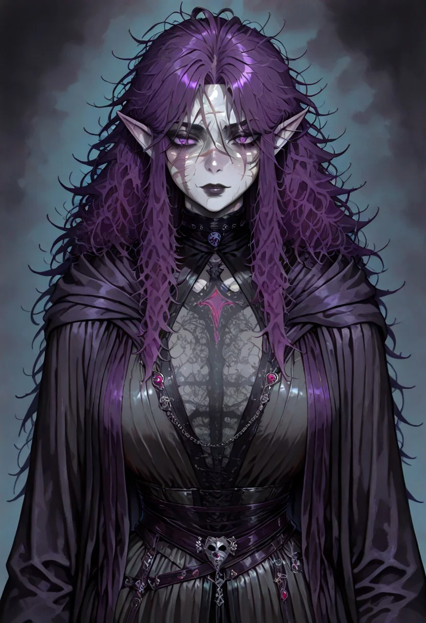masterpiece, best quality, newest, absurdres, highres,
ERIDV1.0, 1girl, goth, gothic, goth fashion, elf, coreset, messy hair, scar, scars, scar on face, fantasy, Purple hair, robe, cape, Purple eyes, grey skin, colored skin, grey colored skin,