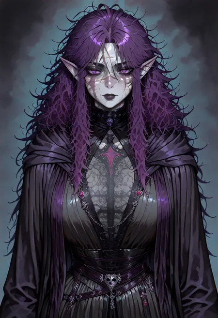 masterpiece, best quality, newest, absurdres, highres,
ERIDV1.0, 1girl, goth, gothic, goth fashion, elf, coreset, messy hair, scar, scars, scar on face, fantasy, Purple hair, robe, cape, Purple eyes, grey skin, colored skin, grey colored skin,