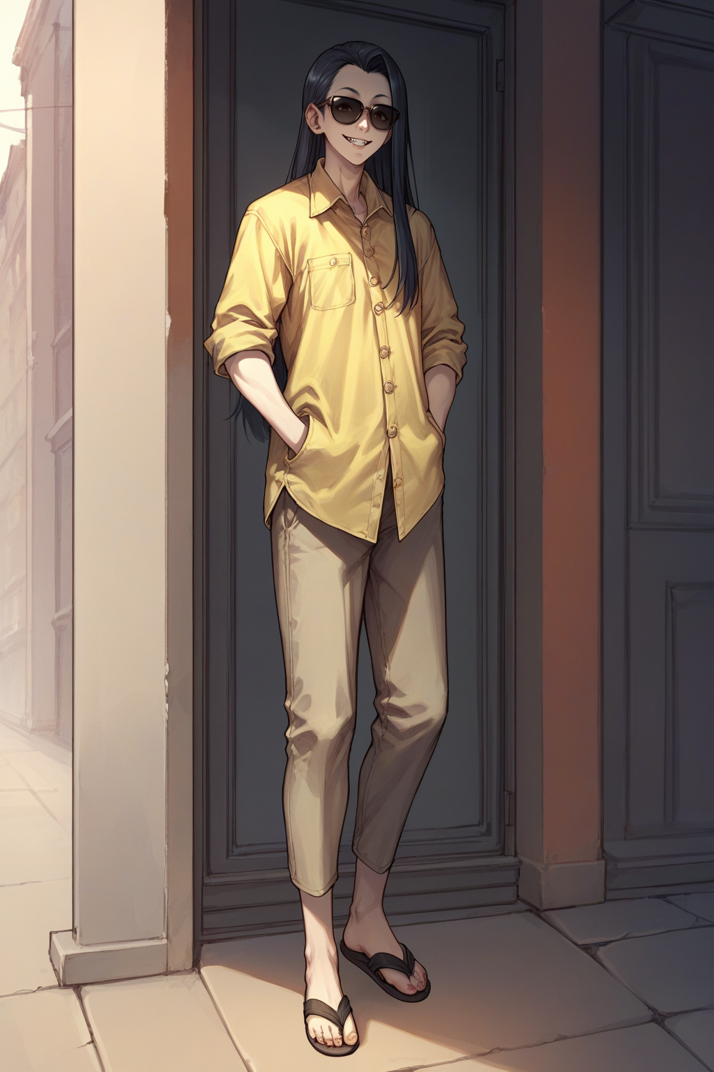 source_anime, score_9, score_8_up, solo,  <lora:clamStrahdPDXL_v12:1> Strahd, vampire, long hair, yellow shirt, sunglasses, smile, sandals, hands in pockets