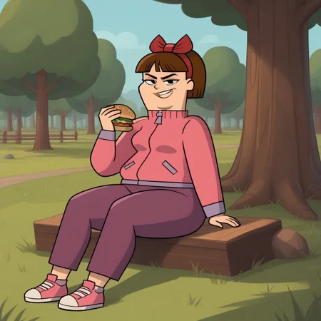 score_8, score_9, break, staci_tdi, brown hair, short hair, hair bow, jacket, pants, sitting, outdoors, smirk, grass, trees, hamburger