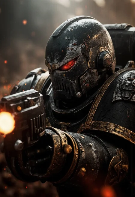 A dramatic close-up of a Space Marine from the Warhammer universe, his towering figure partially shrouded in dense, swirling black and brown smoke. He holds a chainsword menacingly close to his face, its brutal, serrated teeth vibrating with a low, menacing hum. The weapon’s jagged edges glint faintly in the dim, flickering light of a distant explosion, emphasizing its raw, destructive power.
The Marine's battle-worn helmet is overshadowed by the blade, its desolate, scarred surface marred by cracks and scorch marks from countless battles. A faint red glow emanates from his one remaining functional eye lens, piercing through the smoke like an unyielding beacon of war. The other lens is shattered, exposing a hint of his face—scarred, grim, and covered in soot, a testament to his endless struggle.
The purity seals on his armor are torn and stained, fluttering weakly in the choking air. Sparks and embers dance around him, illuminating the intricate yet battered details of his ornate power armor. The scene is steeped in tension and dread, as the surr of the chainsword resonates ominously, foreshadowing violence. Behind him, the faint light of distant artillery fire flickers through the haze, casting sporadic flashes across his imposing silhouette. The atmosphere is one of grim determination and merciless resolve, embodying the unforgiving brutality of the 41st millennium.