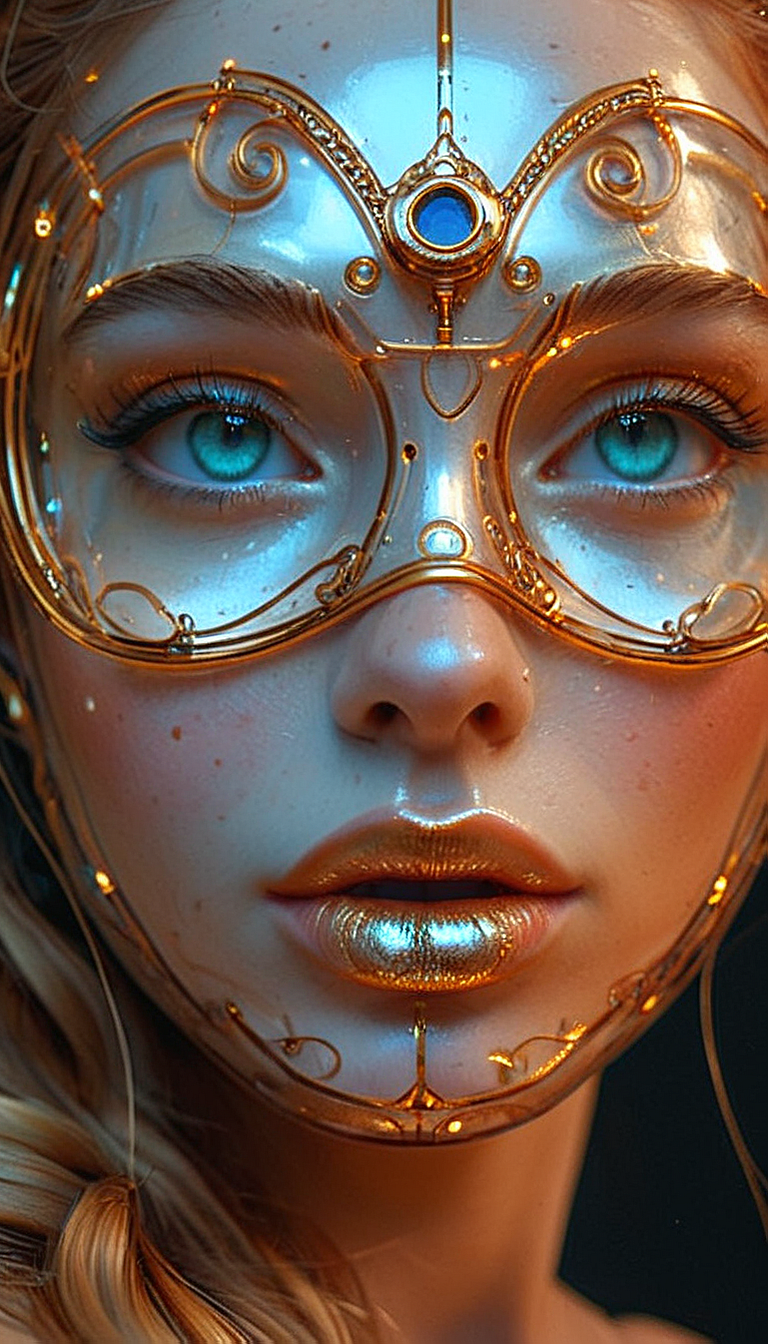 Close-up gorgeous girl face , cute, bang, freckles, striking turquoise large eyes, aligned eyes, mirror eyes, (half smile),
BREAK,
(wearing transparent sci-fi Venetian Mask with intricate very detailed gold filigree), (thin detailed gold filigree), curly ginger hair, braid,
long lashes, trendy portrait, sci-fi style, sci-fi mechanisms, lens,
tender Aesthetic nose, Aesthetic chin, ears, puffy lips, sensual lips, detailed texture, detailed eyes, detailed skin, clean skin,
<lora:Someplastic:1>, (ultra sharp focus:1.8), (detailed skin:1.8), (thin lines:1.8), (best quality:1.8),
<lora:Apparatus_-_Traction_City_Walkers_Vehicles:0.7>,
<lora:add-detail-xl:1> (ultra sharp focus:1.8), (detailed skin:1.8), (thin lines:1.8), (best quality:1.8),
<lora:glowneon_xl_v1:0.8>