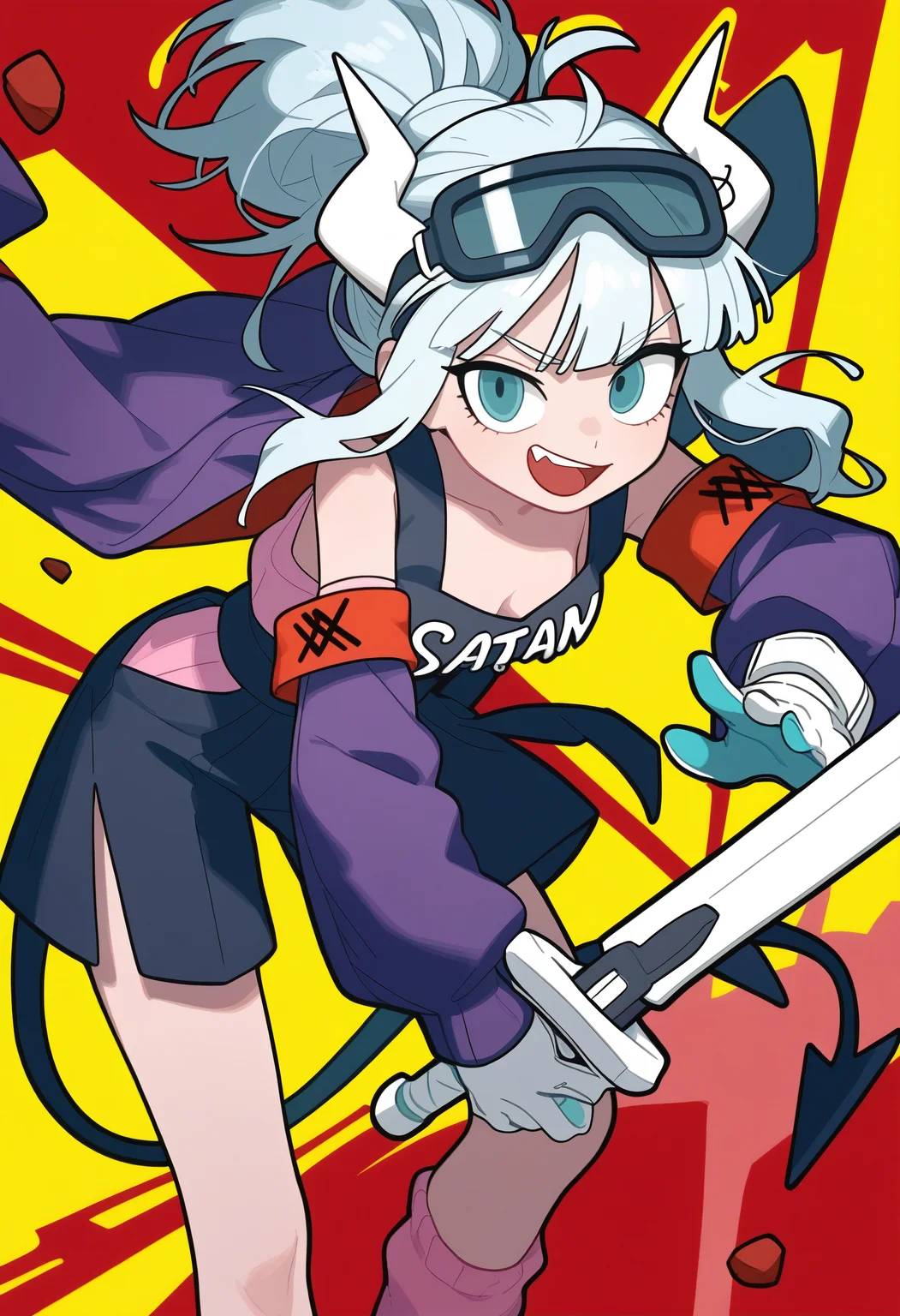 omo-omo2, 1girl, aqua eyes, armband, black eyes, black hair, black shorts, blue hair, cleavage, closed mouth, detached sleeves, fang, goggles, hakama, holding sword, jacket, lucifer \(helltaker\), miaomiao_hwm, multiple girls, open mouth, pants, pink socks, plugsuit, purple hair, red background, side slit shorts, sidelocks, smile, solo, teeth, transparent background, yellow background,,masterpiece,best quality,newest,absurdres,highres,very awa,detail background