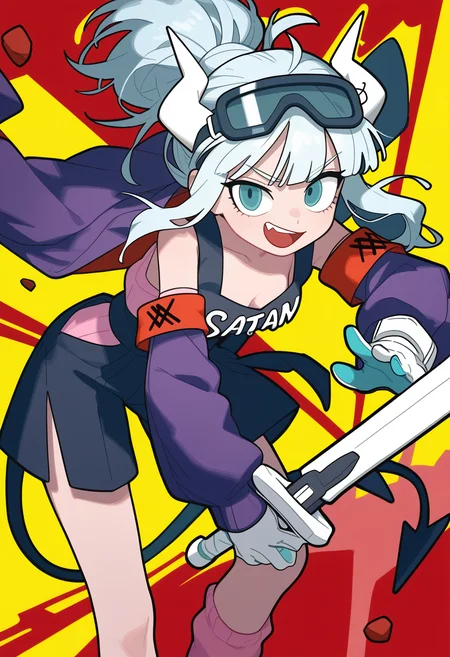 omo-omo2, 1girl, aqua eyes, armband, black eyes, black hair, black shorts, blue hair, cleavage, closed mouth, detached sleeves, fang, goggles, hakama, holding sword, jacket, lucifer \(helltaker\), miaomiao_hwm, multiple girls, open mouth, pants, pink socks, plugsuit, purple hair, red background, side slit shorts, sidelocks, smile, solo, teeth, transparent background, yellow background,,masterpiece,best quality,newest,absurdres,highres,very awa,detail background