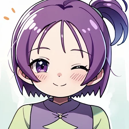 score_9, score_8_up, score_7_up BREAK Onpu1, 1girl, purple hair, bob cut, ponytail, purple eyes, sleeveless purple dress, short-sleeve light green shirt, face closeup, face view, winking at viewer, blushing, smile,