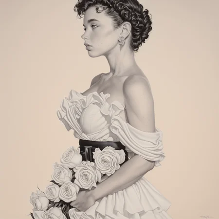 <lora:Hyperdetailed_Colored_PencilSDXL:1> ArsMJStyle, Colored pencil hyperdetailed realism, The image is a black and white portrait of a young woman with short curly hair styled in an updo. She is wearing a strapless dress with ruffles on the shoulders and a black belt around her waist. The dress is draped over her shoulders and she is holding a bouquet of large white roses in her left hand. The woman is looking off to the side with a serious expression on her face. The background is a plain beige color. The overall mood of the image is elegant and sophisticated., 1girl, solo, earrings, jewelry, flower, breasts, cleavage, frills, lips, looking at viewer