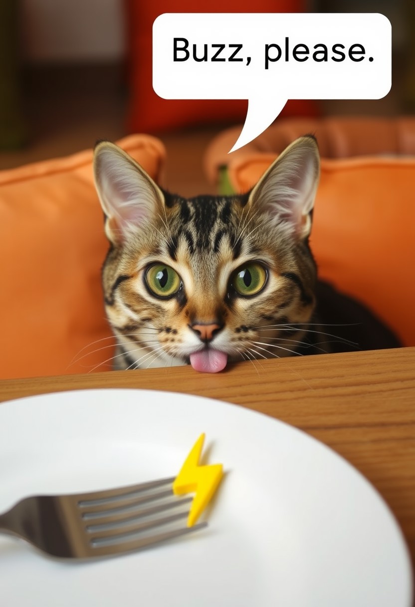 A curious tabby cat peeks over the edge of a wooden table, its head and upper body visible. The cat slipped its tongue. The cat has distinct stripes and large, expressive eyes. Text bubble above its head written " Buzz, please" In the foreground, a white plate with An object in the shape of yellow lightning icon and a fork are partially visible. The background features cushioned chairs in shades of orange and green, creating a cozy dining atmosphere.