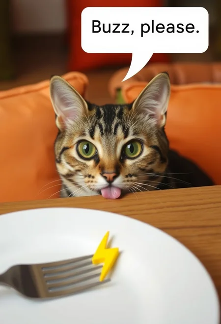 A curious tabby cat peeks over the edge of a wooden table, its head and upper body visible. The cat slipped its tongue. The cat has distinct stripes and large, expressive eyes. Text bubble above its head written " Buzz, please" In the foreground, a white plate with An object in the shape of yellow lightning icon and a fork are partially visible. The background features cushioned chairs in shades of orange and green, creating a cozy dining atmosphere.