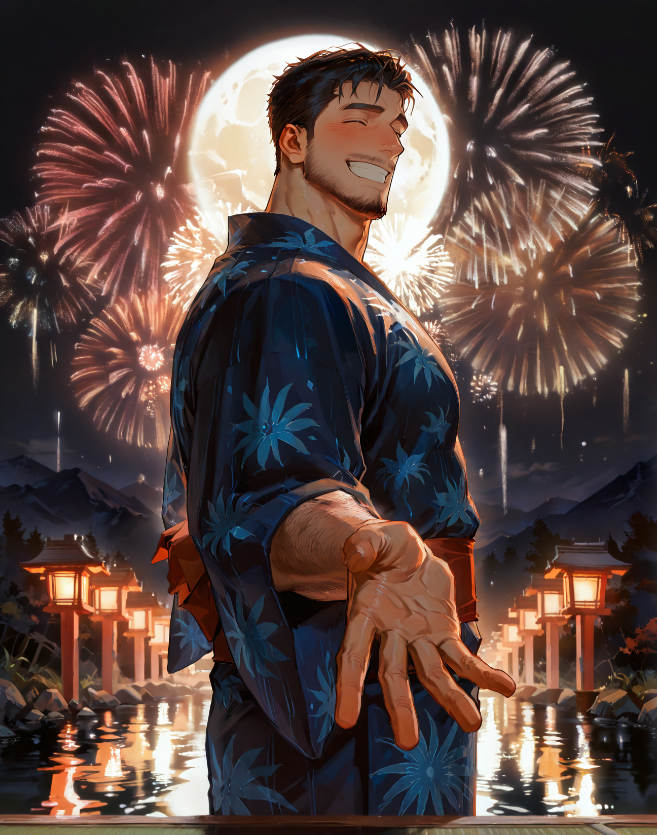 <lora:hanabitaikai:.5> hanabitaikai, aerial fireworks, colorful, yukata, laugh, smile, closed eyes, grin, happy face, closed mouth, blush,  reaching hands to the viewer, foreshortening, lake, mountain, lantern, from side, moon, dark, dark night, 
 (very short hair), male focus, muscular male, bara, mature, (hairy body, hairy, body hair, arm hair, leg hair, hairy body, glossy skin, bara, mature, facial hair, beard, full beard, sideburn, mustache, stubble), facial hair, bara, mature, body hair, aixiwuganda_(20222192), very awa, masterpiece, best quality, absurdres, newest, perfect quality, detailed background, intricate details,<lora:slider_Body Type_alpha1.0_rank4_noxattn_last:2><lora:Anime Summer Days 2 Style SDXL_LoRA_Pony Diffusion V6 XL:.6><lora:merged:.7>, DARK, DARK BACKGROUND, LOW-KEY LIGHTING <lora:slider_cfg_scale_boost:.7><lora:Artist6p:.55>, Artist6p, Artist04p,<lora:slider_il_brightness_slider_d1:-.5><lora:slider_il_contrast_slider_d1:-.25>,<lora:addon_illustriousXLv01_stabilizer_v1.121:.5>,<lora:slider_DarkSlider1.2_alpha1.0_rank16_full_300steps:-.3>