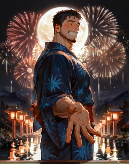 <lora:hanabitaikai:.5> hanabitaikai, aerial fireworks, colorful, yukata, laugh, smile, closed eyes, grin, happy face, closed mouth, blush,  reaching hands to the viewer, foreshortening, lake, mountain, lantern, from side, moon, dark, dark night, 
 (very short hair), male focus, muscular male, bara, mature, (hairy body, hairy, body hair, arm hair, leg hair, hairy body, glossy skin, bara, mature, facial hair, beard, full beard, sideburn, mustache, stubble), facial hair, bara, mature, body hair, aixiwuganda_(20222192), very awa, masterpiece, best quality, absurdres, newest, perfect quality, detailed background, intricate details,<lora:slider_Body Type_alpha1.0_rank4_noxattn_last:2><lora:Anime Summer Days 2 Style SDXL_LoRA_Pony Diffusion V6 XL:.6><lora:merged:.7>, DARK, DARK BACKGROUND, LOW-KEY LIGHTING <lora:slider_cfg_scale_boost:.7><lora:Artist6p:.55>, Artist6p, Artist04p,<lora:slider_il_brightness_slider_d1:-.5><lora:slider_il_contrast_slider_d1:-.25>,<lora:addon_illustriousXLv01_stabilizer_v1.121:.5>,<lora:slider_DarkSlider1.2_alpha1.0_rank16_full_300steps:-.3>