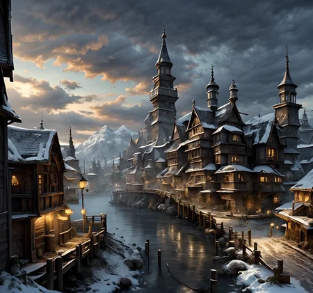 RAW photo, (masterpiece:1.3), subsurface scattering, heavy shadow, (high quality:1.4), (intricate, high detail:1.2), professional photography, HDR, High Dynamic Range, realistic, ultra realistic, photorealistic, high resolution, film photography, ambient lighting, atmospheric effects, <lora:detail_slider_v4:2>, OverallDetail, <lora:Laketown:1>,1girl, bridge, building, cloud, cloudy sky, fantasy, house, laketown, lantern, outdoors, river, rooftop, scenery, sky, snow, window