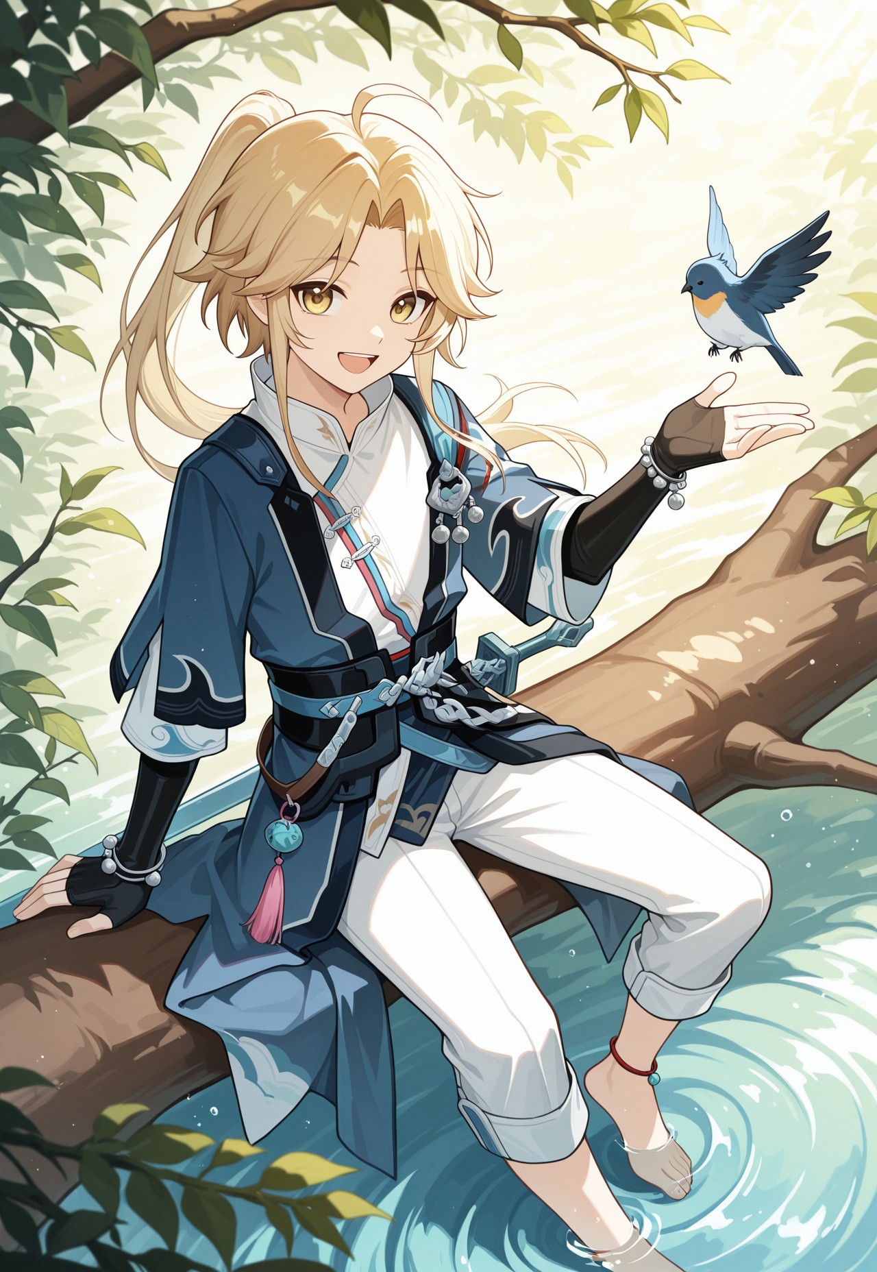 masterpiece,best quality,amazing quality, source_anime, 

Yanqihonk, bird, 1boy, male focus, water, smile, barefoot, sitting, open mouth, weapon, soaking feet, looking at viewer, solo, yellow eyes, sword, jewelry, :d, branch, sunlight, blonde hair, long hair, ponytail, chinese clothes, shirt, white shirt, kimono, blue kimono, tassel, belt, fingerless gloves, black gloves, white pants, capri pants, anklet,, obi