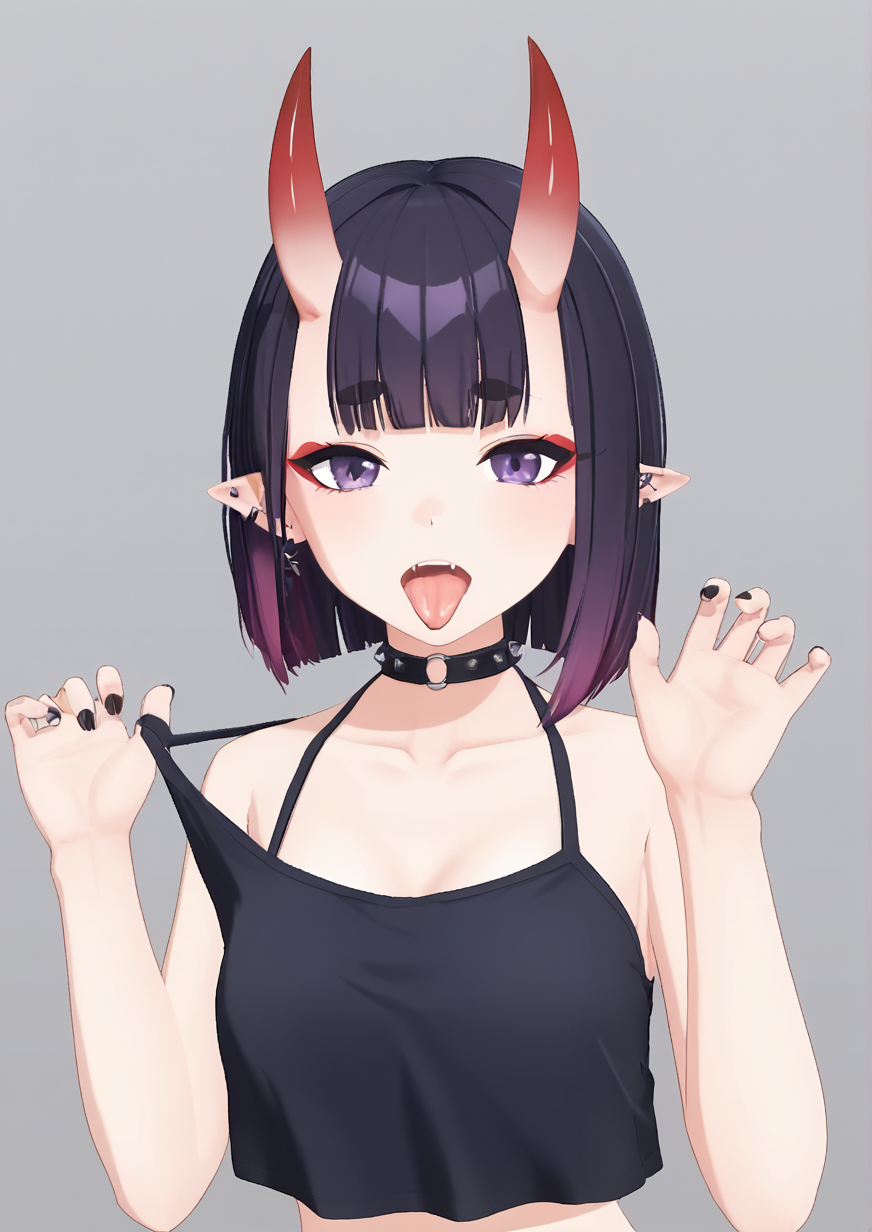 1girl, shuten douji (fate), huge breast, 3d, bare shoulders, black choker, black hair, black nails, black shirt, black tank top, blunt bangs, breasts, chain, choker, collarbone, crop top, ear piercing, earrings, eyelashes, eyeliner, eyeshadow, fangs, fingernails, flower tattoo, gradient hair, halterneck, hand to own mouth, hands up, horns, jewelry, looking at viewer, makeup, mascara, multicolored hair, nail polish, navel, navel piercing, oni, oni horns, open mouth, piercing, pointy ears, pulled by self, purple eyes, purple hair, ring, shirt, short eyebrows, skin-covered horns, solo, spaghetti strap, strap pull, stud earrings, studded choker, tank top, tattoo, thick eyebrows, tongue, tongue out, tongue piercing, two-tone hair, upper body, wristlet,  zPDXL3<lora:blue_archive_Official_3d_models_style:0.9>