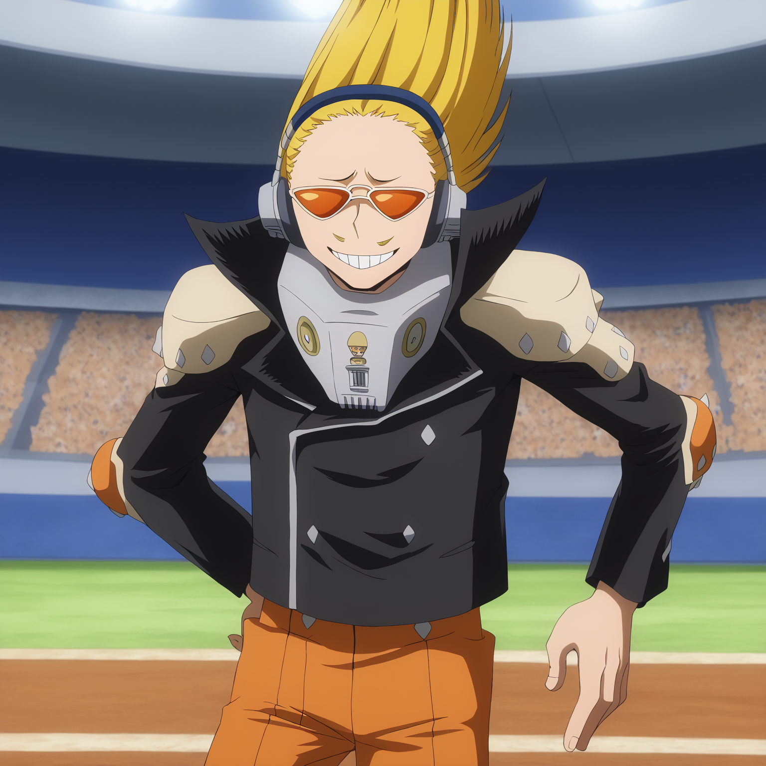 <lora:SlimesPresentMic-000003:1>, slimes_presentmic, man, orange sunglasses, no eyes, yellow hair, waist up, smiling,stadium background