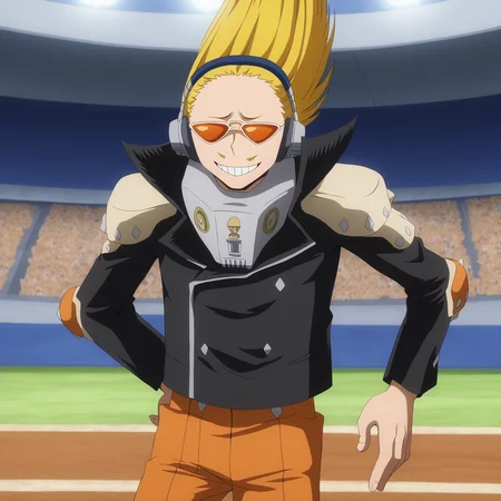 <lora:SlimesPresentMic-000003:1>, slimes_presentmic, man, orange sunglasses, no eyes, yellow hair, waist up, smiling,stadium background
