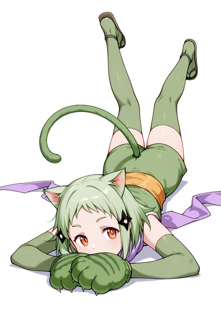 masterpiece,high quality details, absurdres,
lying, hands behind head, knee bent, relaxed, casual, ,
<lora:Mao_Kusagakure:0.8>
mao_cnr, 1girl, green hair, short hair,orange eyes, cat ears,cat tail, cat paws,hair ornament,
ninja, japanese clothes, kimono, sleeveless kimono,purple scarf,elbow gloves,green thighhighs, sandals,, . .,, simple background, white background, front view,solo,, pullover,tunic,board shorts, ,mismatched legwear thighhighs,