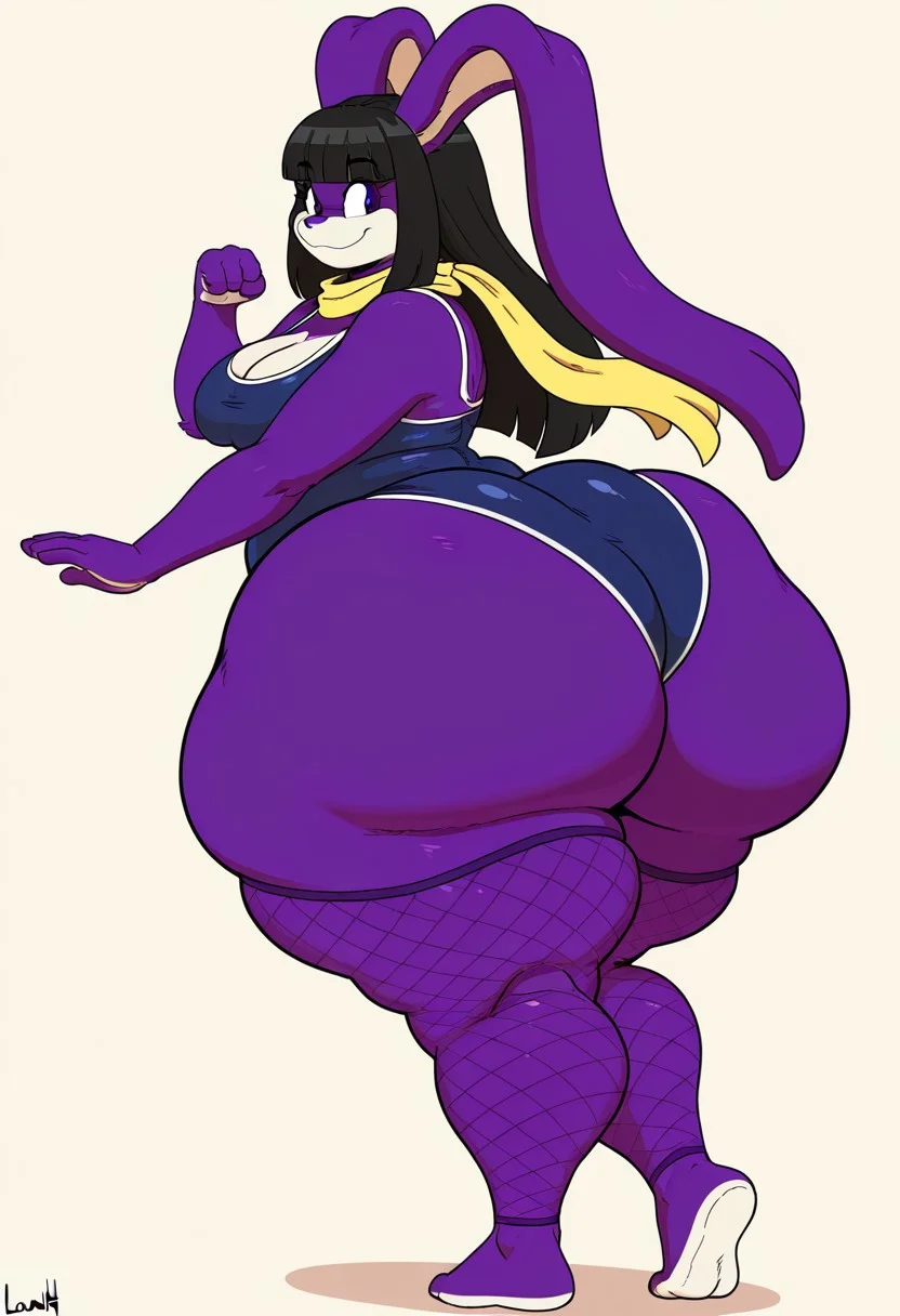 simple background,furry , black hair,lonh hair,straight bangs
one-piece swimsuit,blue swimsuit,fishnet stockings,pink stockings,yellow scarf
,,cleavage,fight pose
,,hyper ass, smile, full body,side view