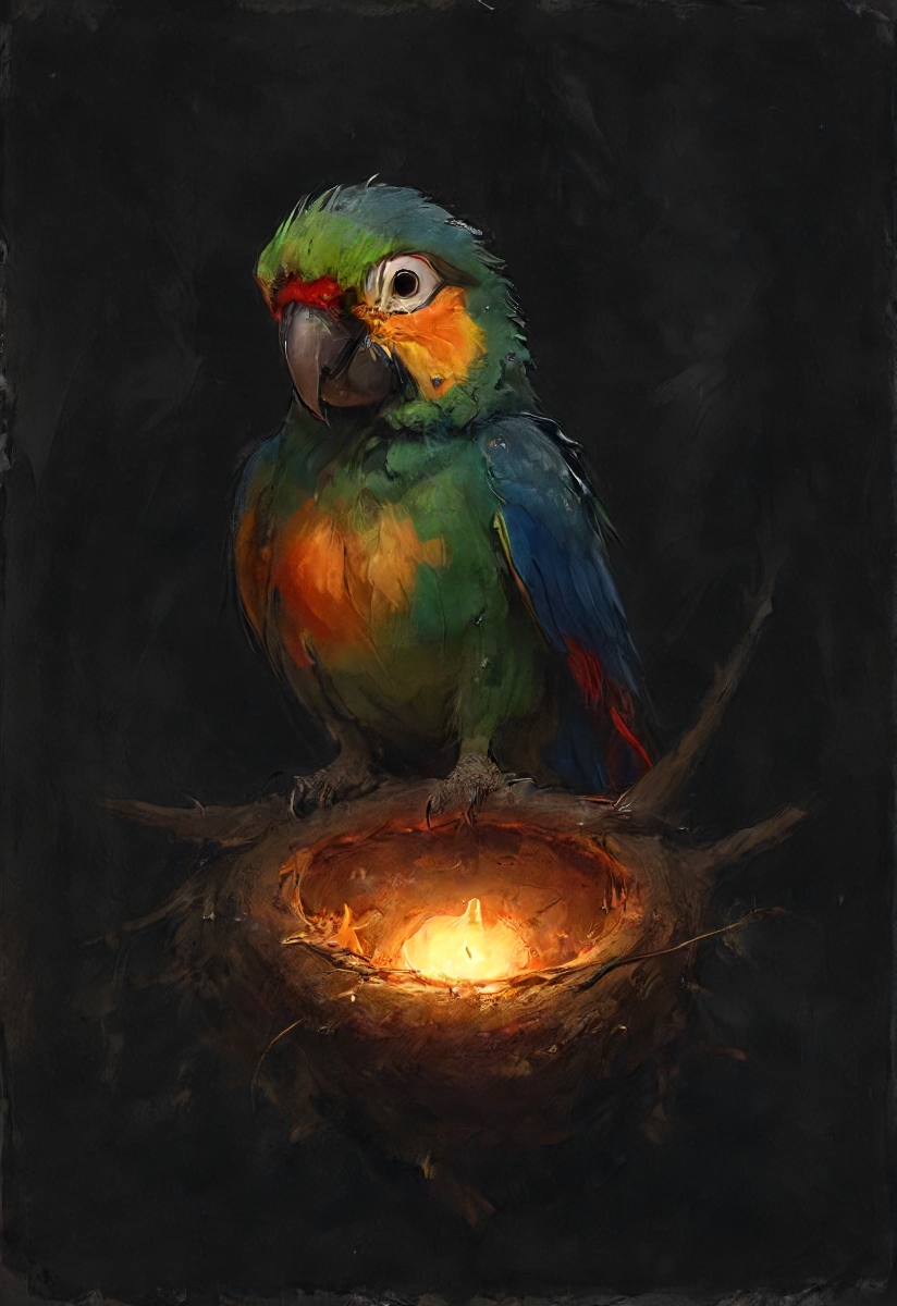 a cozy nest at night made out of colorful shiny parrot feathers in a tree, dark, glowing, composition, shadows, global illumination, <lora:- SDXL - vanta-black_contrast_V3.0:0.8>  <lora:SDXL - Style - EldritchRomanceIllustration1.3.1:0.8> <lora:Cute_Drawing:0.8>