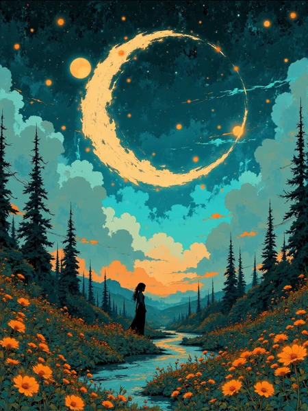 A mesmerizing and dreamlike depiction of a surreal nighttime landscape, blending celestial elements with a tranquil, earthly setting. The foreground features a silhouette of a woman in a flowing black dress, standing gracefully in a shallow stream that reflects the luminous glow of the moon. Her hair flows gently in the breeze, emphasizing her connection to the ethereal environment around her.
The sky is a cosmic masterpiece, dominated by a massive crescent moon adorned with intricate golden patterns, surrounded by smaller celestial bodies of varying sizes. Stars twinkle across the midnight blue and teal expanse, while subtle swirls of nebula-like clouds add depth and mystery. A golden full moon rests low in the sky, casting a warm, inviting light over the serene valley.
The landscape is dotted with dark, skeletal trees whose twisting branches reach toward the heavens, their delicate outlines illuminated by the golden light. Rolling hills and distant mountains fade into the soft glow of the horizon, while the ground is adorned with vibrant wildflowers and soft grasses, adding a touch of natural beauty to the otherworldly scene.
The interplay of light and shadow throughout the composition creates a harmonious balance between the mystical and the natural. Themes of wonder, solitude, and cosmic harmony are conveyed through the seamless integration of celestial and terrestrial elements, crafting a scene that feels both intimate and infinite.
<lora:ìë¦ëµê³ _ì°ìí_r1:1>
