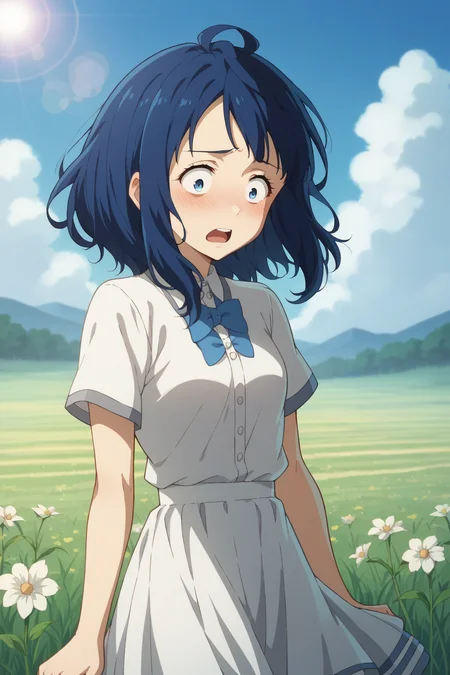 score_9, score_8_up, score_7_up, source_anime, 1girl, prefect lighting, very aesthetic, intricate details, highly detailed background, masterpiece, high quality, prefect hands, best quality, solo,
<lora:Anna_Yanami_Too_Many_Losing_Heroines_V1:.85>, KJOanna, blue hair, blue eyes, medium hair,
outdoors, sunny, field, lens flare, white summer dress, floral print, (wind lift), skirt tug, flowers, surprised, blush, open mouth, constricted pupils, embarrassed, looking down,
(Beautiful, small Breasts:1.2), natural breasts,