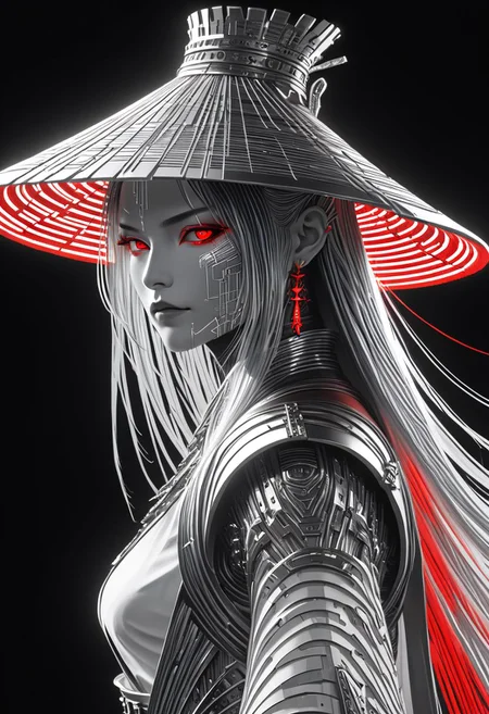 A Long haired pureerosface_v1 Cyborg Samurai Profil Closeup, named magda, sedge hat, ascii_art, silver and sss red lines By Bw-grignani, Made of bold lines, Shiny emphasis lines, high Quality, intricate, maximum resolution, hyper detailed, vertical lines, horizontal lines, illuminated from behind, ethereal,