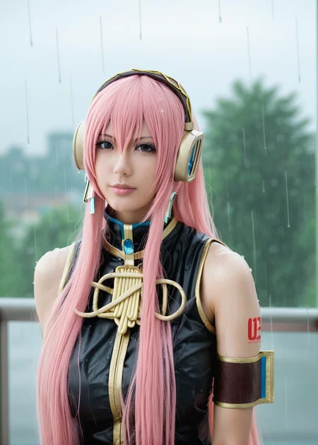 score_9, highly detailed, 1girl, megurine luka v2, pink hair, large breasts, very long hair, outdoor background, rain, looking at viewer, <lora:Megurine_Luka_V2_Pony_Realistic:1>
