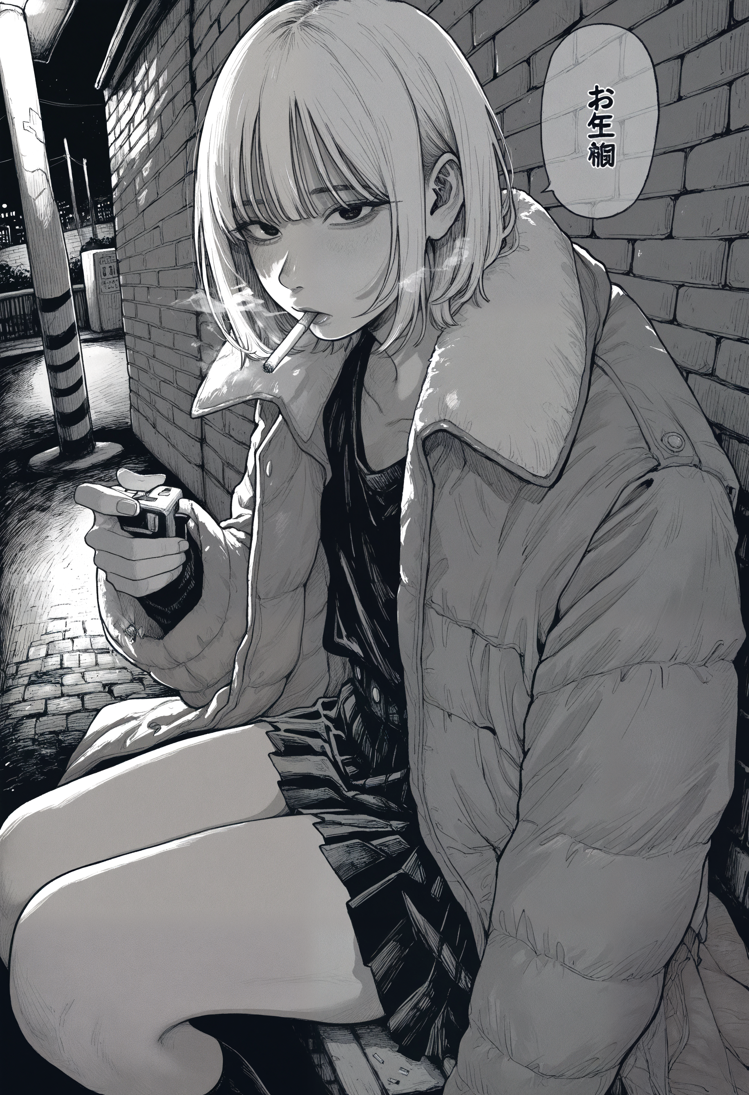 masterpiece, best quality, very aesthetic, absurdres, year 2024, year 2023,  monochrome, greyscale, hatching \(texture\), manga, night sky, shadows, contrast, lighting, saturated,  1girl, solo, short hair, holding lighter, cigarette in mouth, black shirt, winter coat, long coat, black socks, pleated skirt, sitting, legs together, facing to the side, looking at viewer, speech bubble,   outdoors, brick wall,   <lora:owk_bsh_yy>  <lora:ponyv4_noob1_2_adamW-000017:0.35>