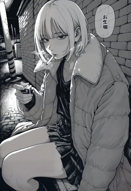 masterpiece, best quality, very aesthetic, absurdres, year 2024, year 2023, monochrome, greyscale, hatching \(texture\), manga, night sky, shadows, contrast, lighting, saturated, 1girl, solo, short hair, holding lighter, cigarette in mouth, black shirt, winter coat, long coat, black socks, pleated skirt, sitting, legs together, facing to the side, looking at viewer, speech bubble, outdoors, brick wall, <lora:owk_bsh_yy> <lora:ponyv4_noob1_2_adamW-000017:0.35>