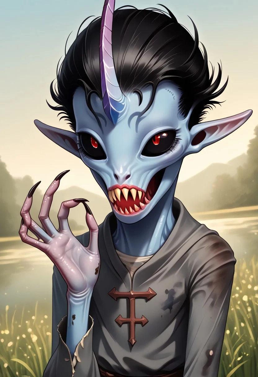 ((Alien humanoid)),
((Alien species)), solo, androgynous, aquatic features
blue skin, ((webbed hands)):1.3,
((No nose)):1.3, ((nostrils only, nostril slits, vertical nasal slits, narrow nostrils)):1.5, ((narrow eyes)), ((black sclera, black irises)), smooth skin, pointy ears, small ears, tiny ears, holes in skin, forehead horn, short horn, veiny horn, ((single horn)):1.0, ((4 fingers)), fingernails, thin lips, ((black hair)), ((short hair, spiky hair)), sharp teeth, digitigrade legs, bent legs,
mid-range shot, upper body focus
ragged clothes, muddy clothes, loincloth, tunic, dirty
Medieval style, fantasy style,
((Variety)):1.2
((dutch angle, 3/4 view))
river background
fully clothed, loose clothing, clean lines, smooth colors, detailed fingers, sfw, source: realistic, rating: pg, score: 8 up, score: 9