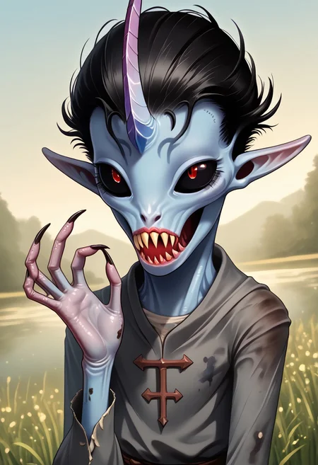 ((Alien humanoid)),
((Alien species)), solo, androgynous, aquatic features
blue skin, ((webbed hands)):1.3,
((No nose)):1.3, ((nostrils only, nostril slits, vertical nasal slits, narrow nostrils)):1.5, ((narrow eyes)), ((black sclera, black irises)), smooth skin, pointy ears, small ears, tiny ears, holes in skin, forehead horn, short horn, veiny horn, ((single horn)):1.0, ((4 fingers)), fingernails, thin lips, ((black hair)), ((short hair, spiky hair)), sharp teeth, digitigrade legs, bent legs,
mid-range shot, upper body focus
ragged clothes, muddy clothes, loincloth, tunic, dirty
Medieval style, fantasy style,
((Variety)):1.2
((dutch angle, 3/4 view))
river background
fully clothed, loose clothing, clean lines, smooth colors, detailed fingers, sfw, source: realistic, rating: pg, score: 8 up, score: 9