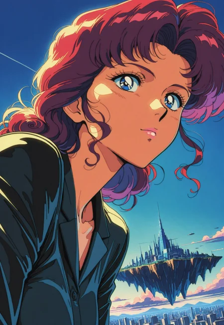 masterpiece, best quality, amazing quality, very aesthetic, high resolution, ultra-detailed, absurdres, deep highlights/shadows, volumetric lighting, colorful, scanlines, retro artstyle, retro illustration, knva BREAK (1girl), woman, (mature:1.2), redhead, medium-length curly hair, riding outfit, riding motorcycle helmetless BREAK daytime, blue sky, (city background), (floating island districts), flying barges, (floating megastructures in the clouds), shimmering colorful lake bottom frame BREAK cinematic, from below, (face focus:1.3)