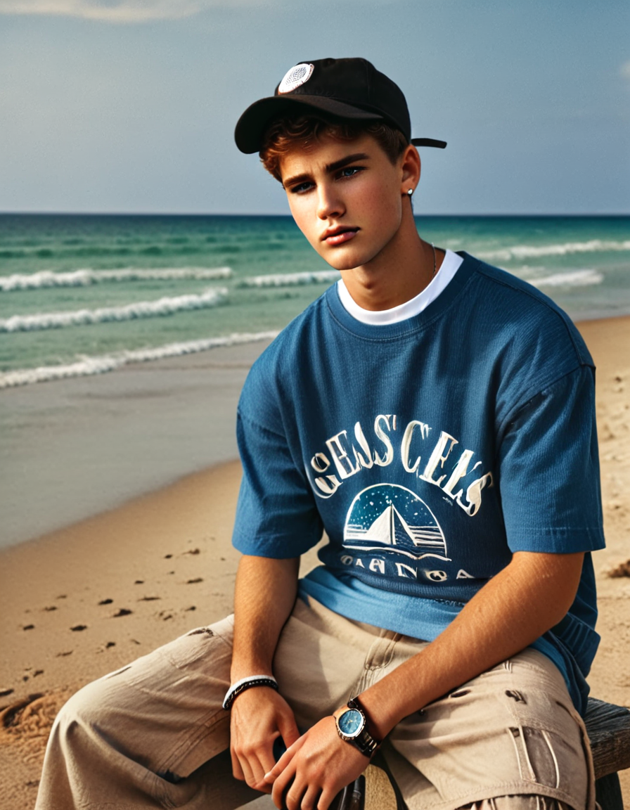 cinematic still 2000sfashionlora, 1boy, male focus, sitting at the beach, hat, watch, baseball cap, wristwatch, shirt, realistic . emotional, harmonious, vignette, 4k epic detailed, shot on kodak, 35mm photo, sharp focus, high budget, cinemascope, moody, epic, gorgeous, film grain, grainy, 2000sfashionlora, 1boy, male focus, sitting at the beach, hat, watch, baseball cap, wristwatch, shirt, realistic, celestial, loving, generous, dramatic, detailed, intricate, elegant, highly contrasted, sharp, cinematic, professional, modern fine classic, designed, rich wonderful colors, amazing deep complex cool background, great composition, ambient perfect