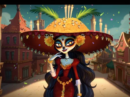 Score_9, score_8_up, score_7_up, score_6_up, BREAK
screencap
<lora:The_Book_of_Life_and_Coco_Backgrounds:0.6> day of the dead, detailed background, architecture, building, cityscape, confetti, skull
<lora:La_Muerte_V1.1:1> la muerte, very long hair, orange eyes, yellow sclera, white skin, makeup, facepaint, hair ornament, body markings, jewelry, choker, red dress, cleavage, flower bracelet, hand in own hair, looking at viewer