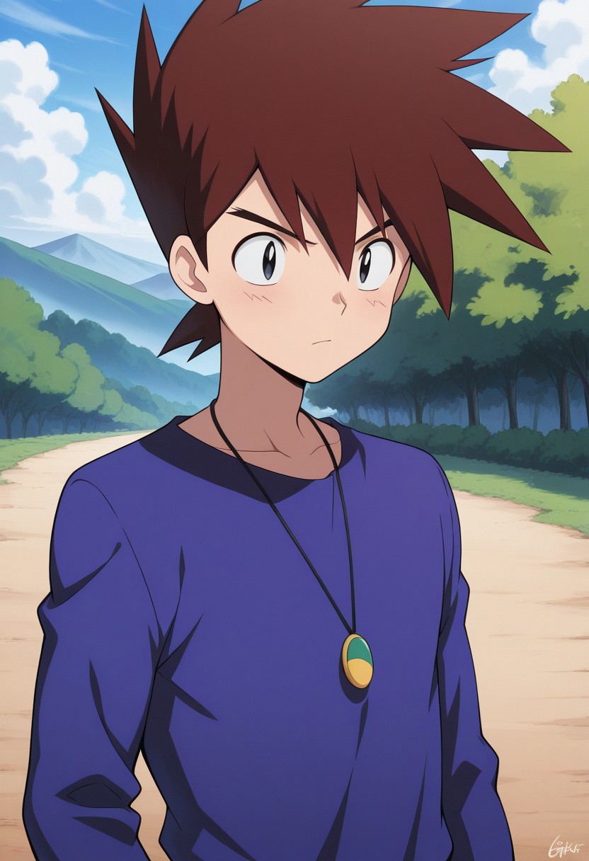 masterpiece,best quality,amazing quality, source_anime, 
gary_kanto, 1boy, male focus, solo, black eyes, brown hair, spiked hair, shirt, purple shirt, jewelry, necklace, 
outdoor,