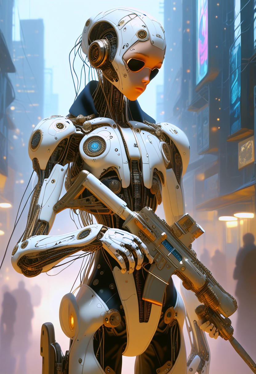 score_9, score_8_up, score_7_up, 4k, reelmech, mechanical parts, cable, wires, machinery, joints, body suit, futuristic mech, fierce aesthetic, holding a futuristic laser rifle, cyberpunk city,