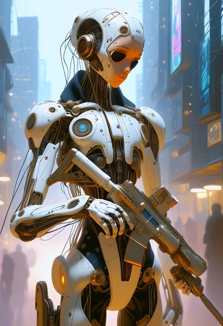 score_9, score_8_up, score_7_up, 4k, reelmech, mechanical parts, cable, wires, machinery, joints, body suit, futuristic mech, fierce aesthetic, holding a futuristic laser rifle, cyberpunk city,