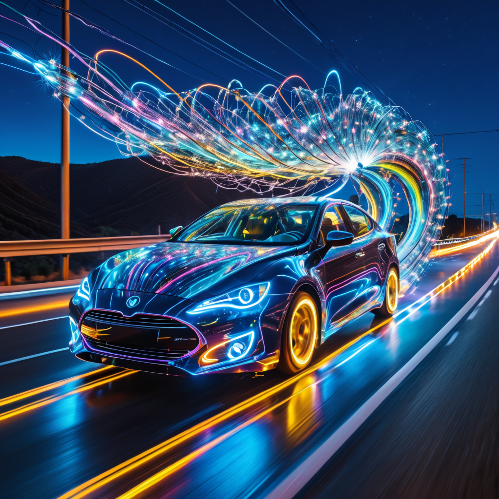 lazympos, end_tripwire_morph, neon, wires, cables, wire sculpture, car with chassis of braided tungsten cables speeding through a highway suspended by magnetic force fields, cities below glowing like neural networks, tire tracks leaving trails of dissipating plasma