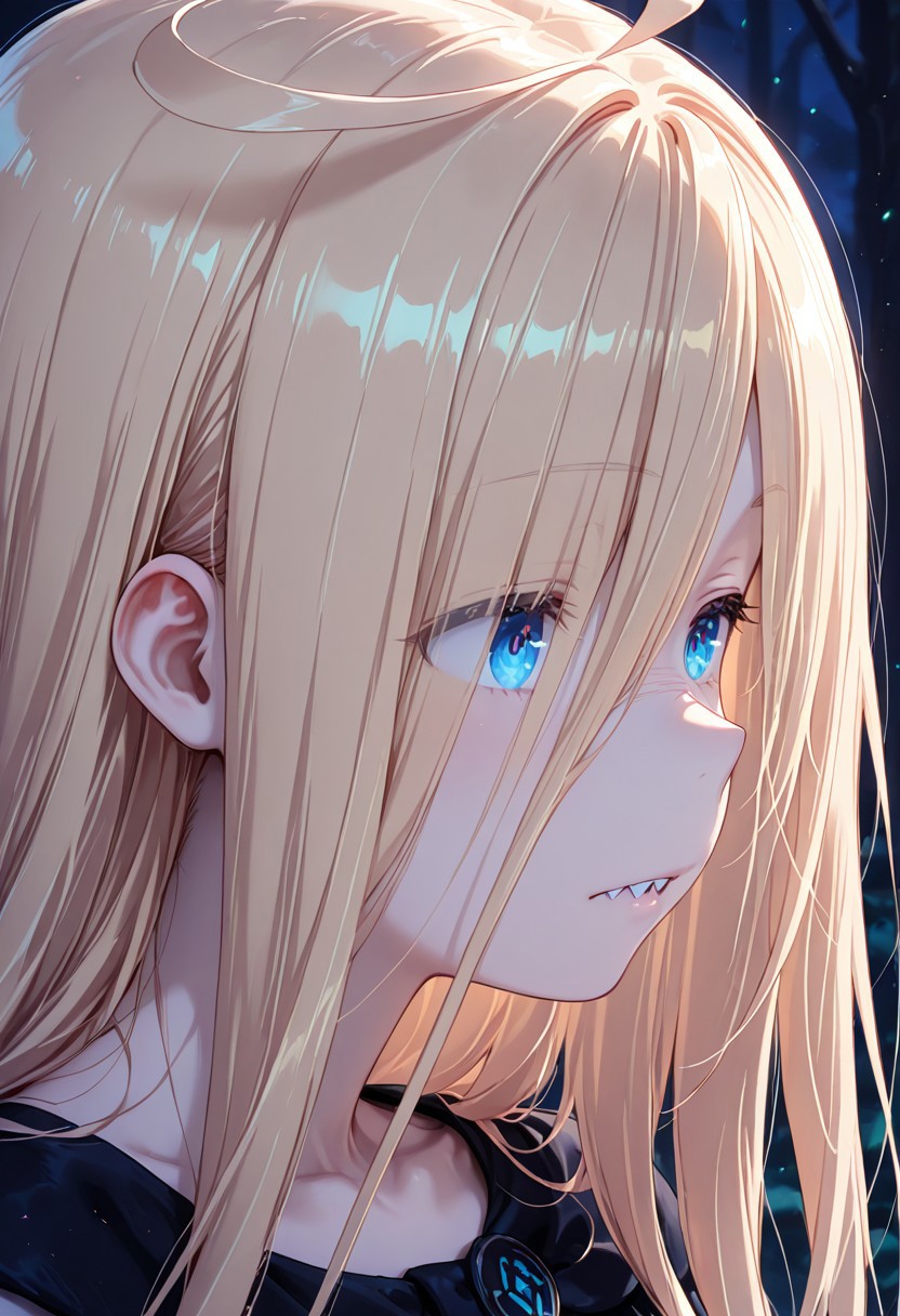 1girl, solo, masterpiece, best quality, newest, absurdres, CG, anime, source anime, illustration, very aesthetic, high resolution, ultra-detailed, newest, scenery, medium depth of field, rule of thirds, masterpiece-level, clean lines, 
BREAK 1girl, ((solo)), ru1, blonde hair, absurdly long hair, blue eyes, hair over one eye, sharp teeth, antenna hair, pale skin,
torn black dress, short sleeves
closeup, closeup to face, portrait, outside border
dark background
cinematic angle, various angles, detailed background, beautiful background, (rays light:1.0),(grow:1.0) mystical, luminism, vibrant colors, light particles