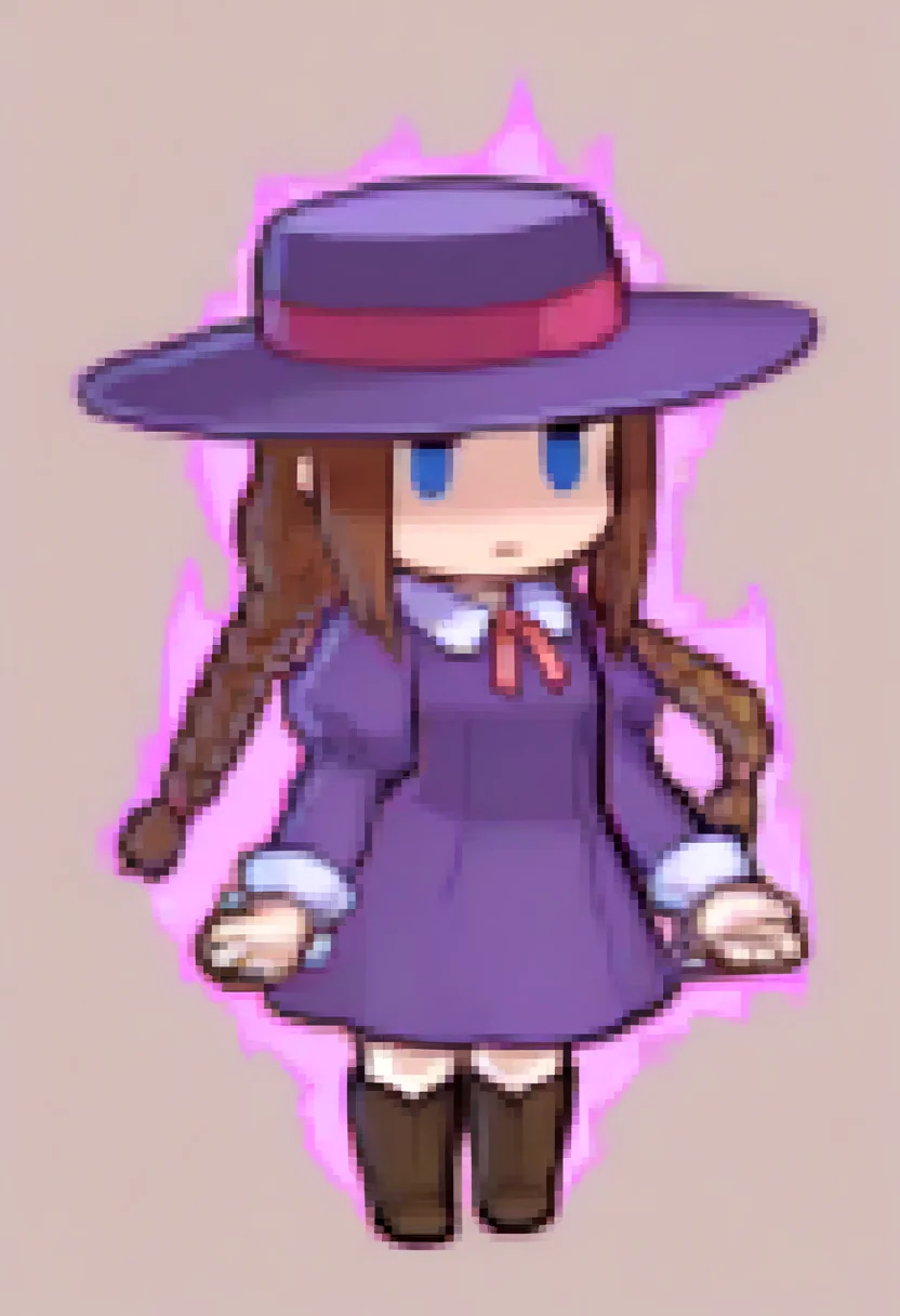 masterpiece, best quality, solo, 1girl, <lora:Feh-Sprites-illus_Fp:1>, chibi, full body, simple background, <lora:Anita-illus_Fp:1>, anitavc, brown hair, blue eyes, twin braids, hat, collared dress, purple dress, long sleeves, wrist cuffs, ribbon, knee boots, aura,