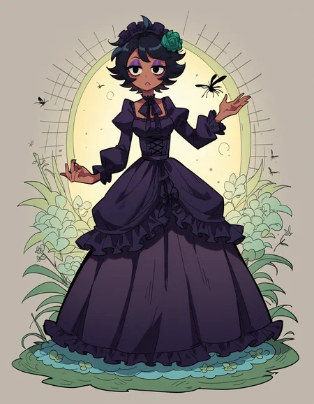 zPDXL, score_9, score_8_up, score_7_up, source_anime, 1girl, solo, absurdres, 4k, <lora:anapijama:0.8> anapijama
short hair, black eyes, messy hair, purple eyeshadow, tan, bug, beetle, black hair,
lower eyelashes, upper eyelashes, eyeliner, Gothic Frilled dress, long skirt, Headdress, bowknot, hair ornament, green flower, black fishnet_pantyhose, garter straps, Lace, cross-laced footwear, frilled blouse, ribbon-trimmed sleeves, puffy sleeves, , frilled drawers +++ River of the Dead
