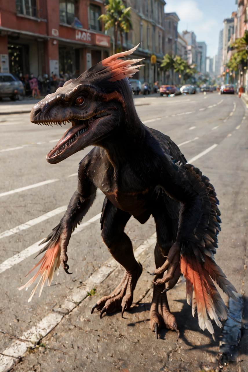 source_furry, score_9, score_8_up, score_7_up, (pyroraptor_jwe, dinosaur, feral), scalie, feathers, detailed feathers, black feathers, red accents, multicolored feathers, feathered arms, red eyes, slit pupils, detailed eyes, teeth, sharp teeth, claws, digitigrade legs, tail, <lora:JWE_PyroraptorPony:0.8>, outdoors, city, street, look at viewer, looking angry, standing, roaring, zPDXL2, zPDXLpg, zPDXLrl, best quality, highly detailed, extreme details, masterpiece, photorealistic, hyperrealistic, ultra realistic, hdr, 4k, uhd, ray tracing, shaded