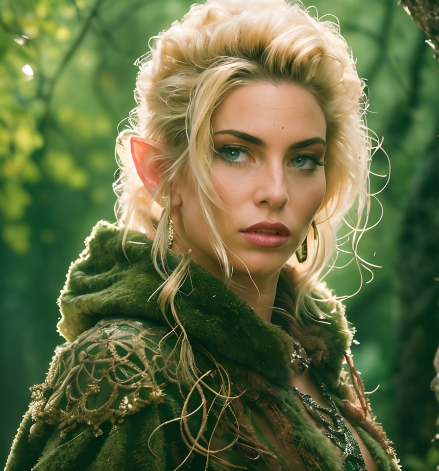RAW photo, (masterpiece:1.3), subsurface scattering, heavy shadow, (high quality:1.4), (intricate, high detail:1.2), professional photography, HDR, High Dynamic Range, realistic, ultra realistic, photorealistic, high resolution, film photography, ambient lighting, atmospheric effects, <lora:detail_slider_v4:2>, OverallDetail, Samantha, <lora:Samantha:1>, as a female wildelf scout, wild hair, green cloak, jewelry, in the forest, dynamic pose, <lora:Wildelf:0.7>, epiCPhoto,  <lora:zoom_slider_v1:-3>