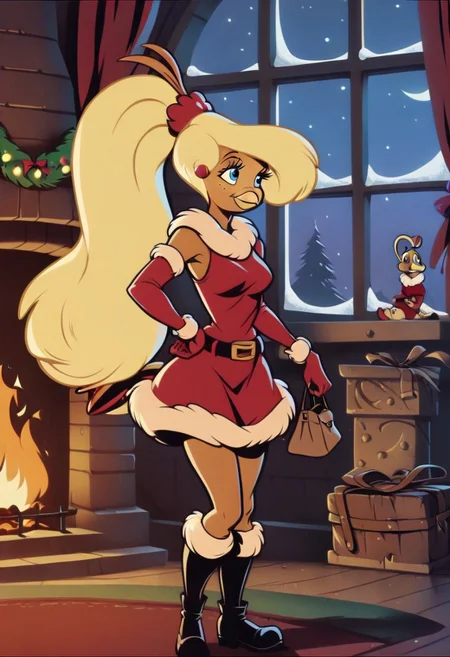 Goldie, big hair, beak, bird girl, solo, blonde hair,bird girl, long hair,1girl, red dress, furry female, dress, smile, furry, solo, christmas,blue eyes, fur, night, fur trim, fire, fur-trimmed dress, long sleeves, window, breasts, boots, santa costume, standing, black footwear, fireplace, gloves, fur-trimmed sleeves,blonde hair, sky, star \(sky\), bag, alternate costume, looking to the side, closed mouth, night sky, belt, happy, santa dress, small breasts, indoors, medium breasts
score_9, score_8_up, score_7_up, score_6_up <lora:GoldieRockaPony1.0:0.8>