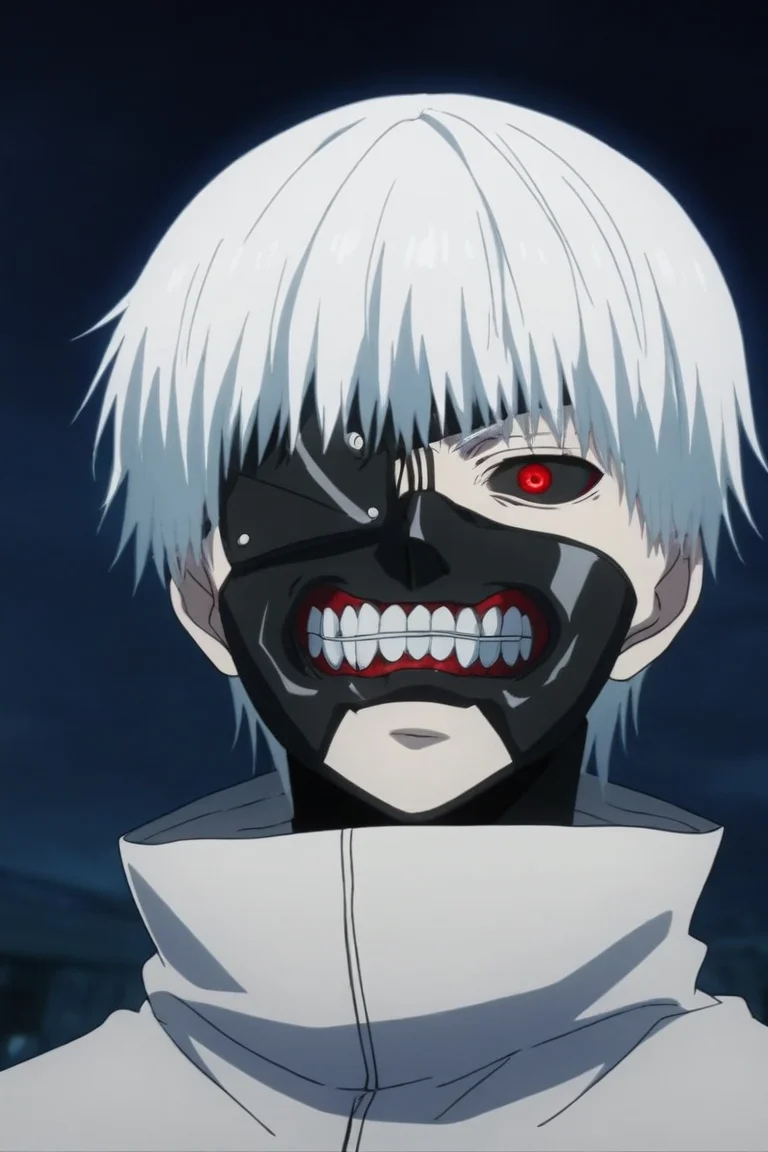 score_9, score_8_up, score_7_up, source_anime, rating_safe, intricate details, anime screencap, , , , , depth of field, 1boy, solo, male focus, <lora:ken_kaneki_pony:0.92>, ken_kaneki, white hair, short hair, bangs, colored sclera, black sclera, red eyes, mask, mouth mask, teeth, , , , , <lora:sdxl_lightning_8step_lora:1>